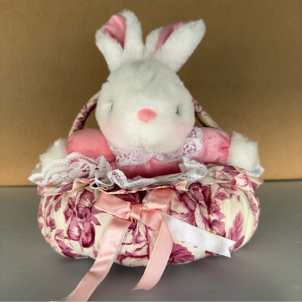 Easter Plush White Bunny in Pink Floral Basket 9”x8” Lace Bow Spring Decor‎